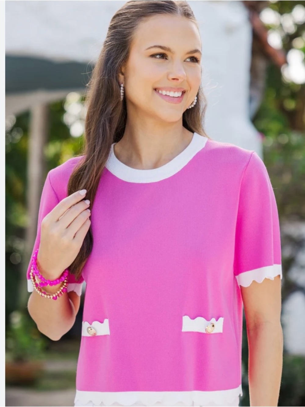 entro Pink Short Sleeve Knit Top with White Trim